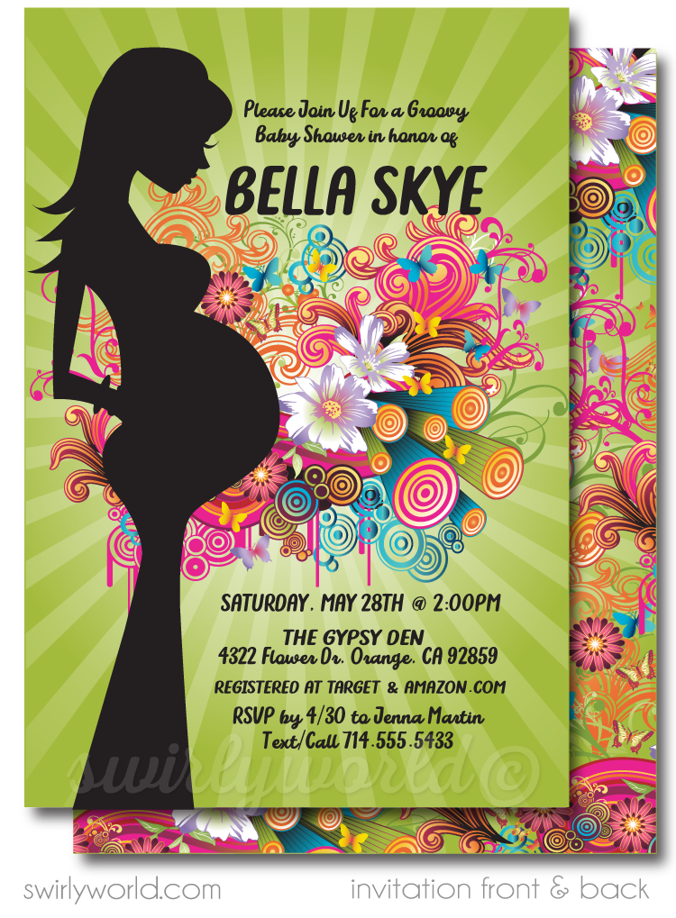 Gender Neutral Groovy Psychedelic Hippie Chic Bohemian Printed Baby Shower Invitations