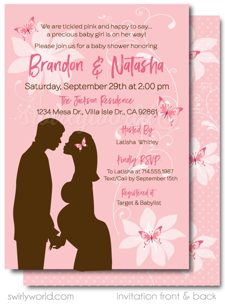 Pink "It's a Girl" Butterfly Butterflies Couple's Printed Baby Shower Invitations