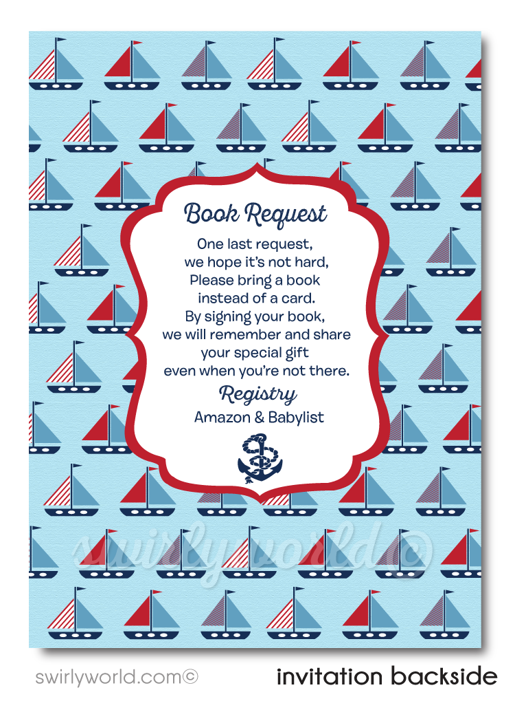 Nautical Sailboat Ocean Blue Sailor Theme Boy's Printed Baby Shower Invitations