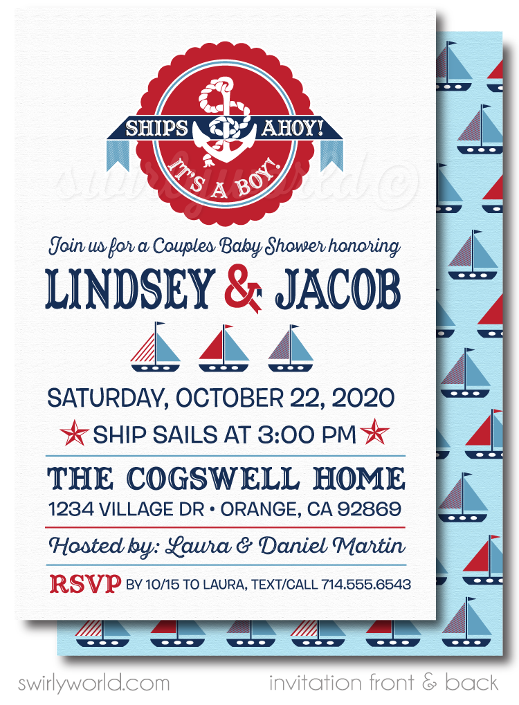 Nautical Sailboat Ocean Blue Sailor Theme Boy's Printed Baby Shower Invitations