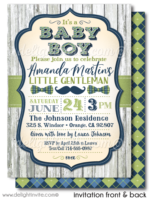 Little Gentleman Hipster Mustache Bowtie Boy Baby Shower Invitations for Boys