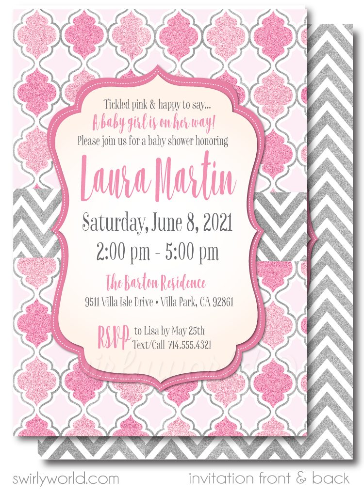 Pink and Silver "It's a Girl" Unique Baby Shower Digital Invite & Thank You Card Download Bundle