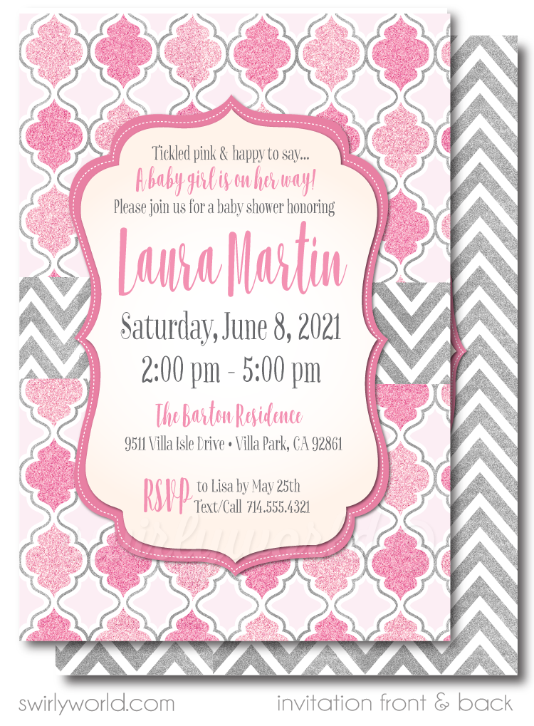 Pink and Silver Ombre Chevron "It's a Girl" Couple's Printed Baby Shower Invitations