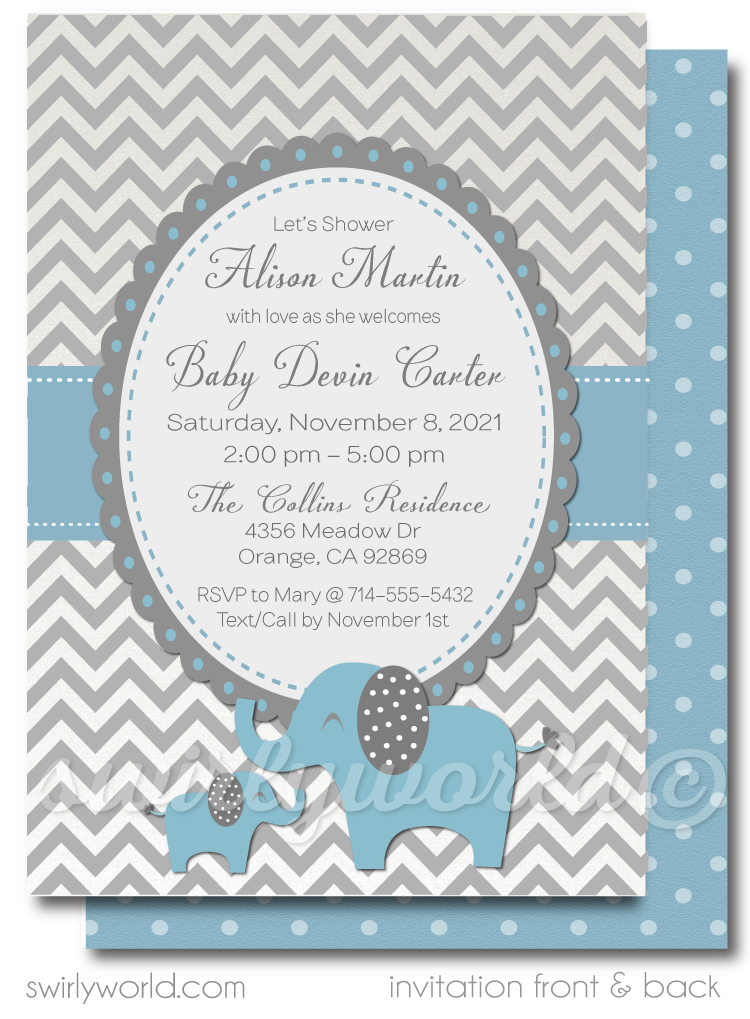 Blue and Gray Baby Elephant, Little Peanut Boy Baby Shower Invitation and Thank You Card Digital Download Bundle.