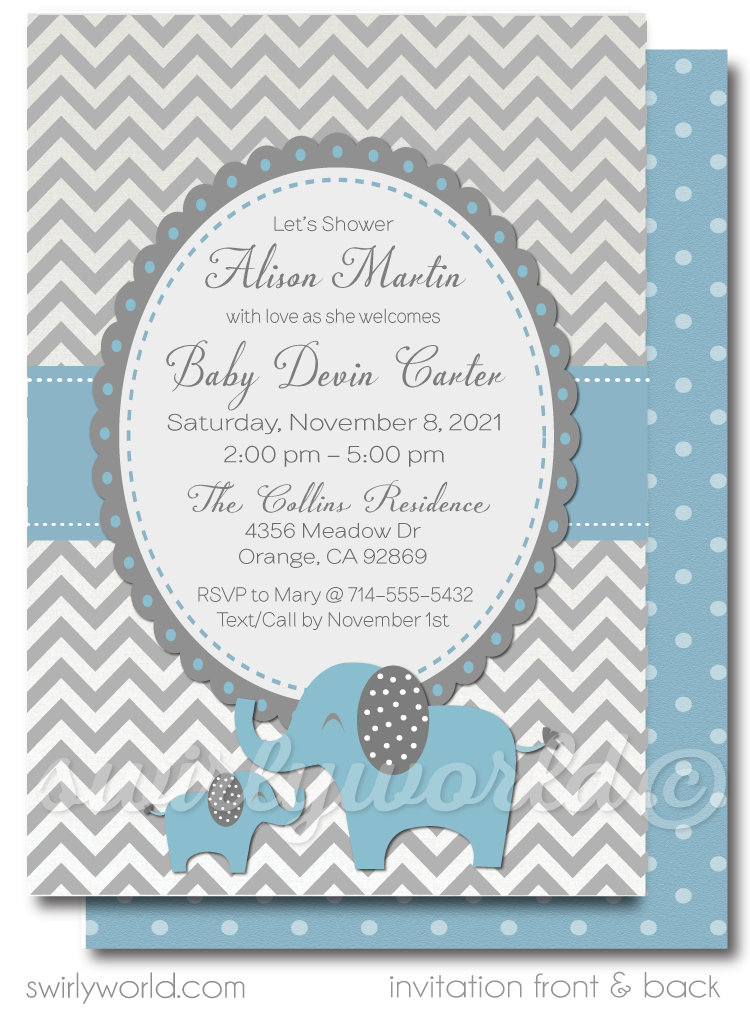 Blue and Gray Baby Elephant, Little Peanut Boy Printed Baby Shower Invitations