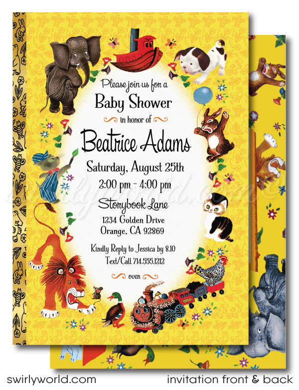 Vintage Little Golden Book nursery rhymes gender neutral baby shower invitations and envelope design that are printed and shipped to you!