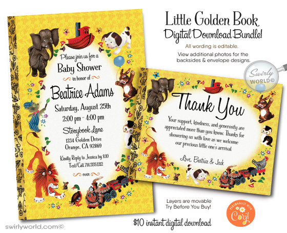 Vintage style Little Golden Book gender neutral nursery rhymes baby shower invitation and thank you card digital download bundle.﻿