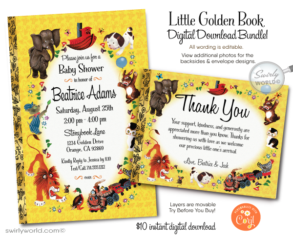 Vintage style Little Golden Book gender neutral nursery rhymes baby shower invitation and thank you card digital download bundle.﻿