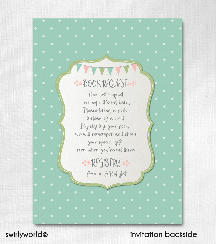 Vintage Carousel Pink and Mint Green Girl Printed Baby Shower Invitations
