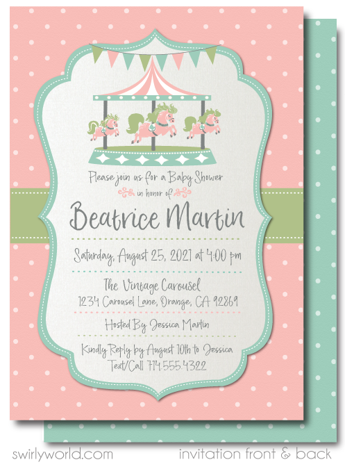 Vintage Carousel Pink and Mint Green Girl Baby Shower Invitation and Thank You Card Digital Download Bundle