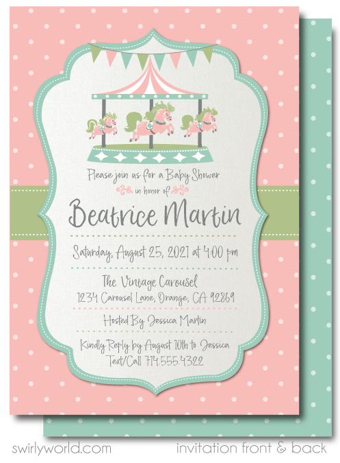 Vintage Carousel Pink and Mint Green Girl Printed Baby Shower Invitations