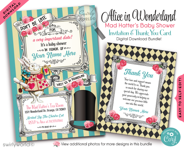 Gender Neutral Vintage Alice in Wonderland Mad Hatter's Tea Party Theme Baby Shower Invitation and Thank You Card Digital Download Bundle.