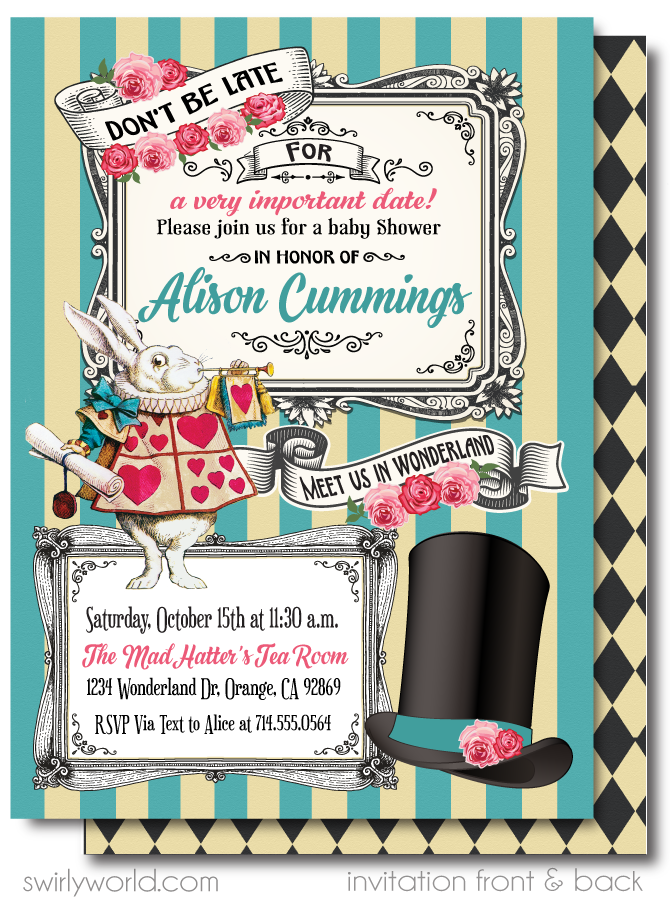 Alice in Wonderland Mad Hatter's Tea Party Printed Baby Shower Invitations