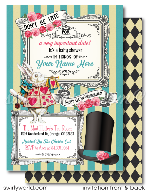 Gender Neutral Vintage Alice in Wonderland Mad Hatter's Tea Party Theme Baby Shower Invitation and Thank You Card Digital Download Bundle.