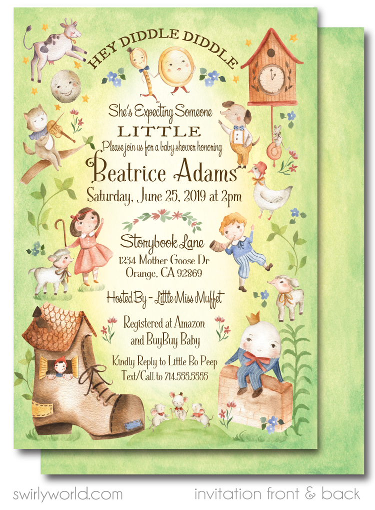 Vintage Nursery Rhymes Mother Goose Cat and the Fiddle Baby Shower Invitations