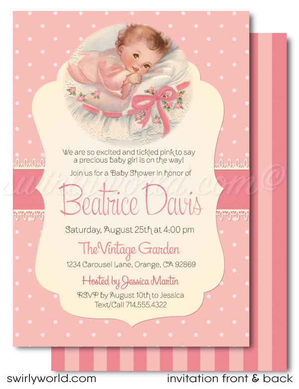 1950s vintage tickled pink retro girl baby shower Invitations with adorable matching envelopes.