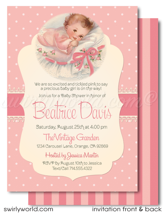 1950s vintage tickled pink retro mid-century modern girl baby shower invitation and thank you card digital download bundle.