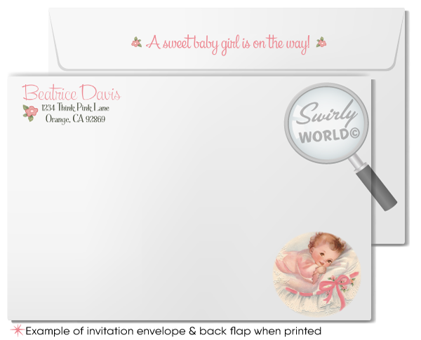 1950s vintage tickled pink retro girl baby shower Invitations with adorable matching envelopes.