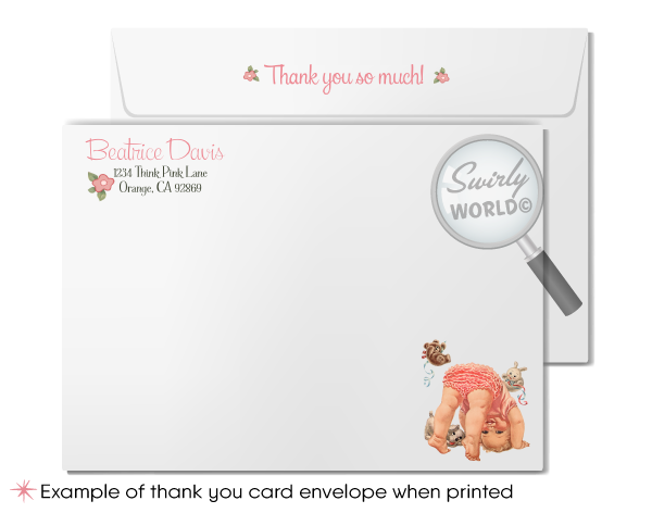 Welcome your baby girl with Swirly World's 'Tickled Pink' 1950s Retro Baby Shower Invitation Bundle. Features a vintage baby girl design in soft pink with polka dots and chic stripes. Easily editable on Corjl, instantly download your customized invites and thank you cards for a charmingly stylish celebration.