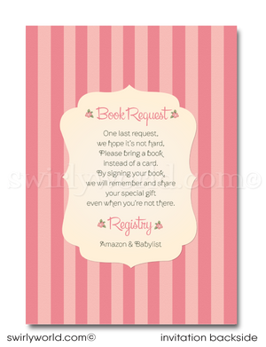 1950s vintage tickled pink retro mid-century modern girl baby shower invitation and thank you card digital download bundle.Welcome your baby girl with Swirly World's 'Tickled Pink' 1950s Retro Baby Shower Book Request Card, Invitation Bundle. Features a vintage baby girl design in soft pink with polka dots and chic stripes. Easily editable on Corjl, instantly download your customized invites and thank you cards for a charmingly stylish celebration.