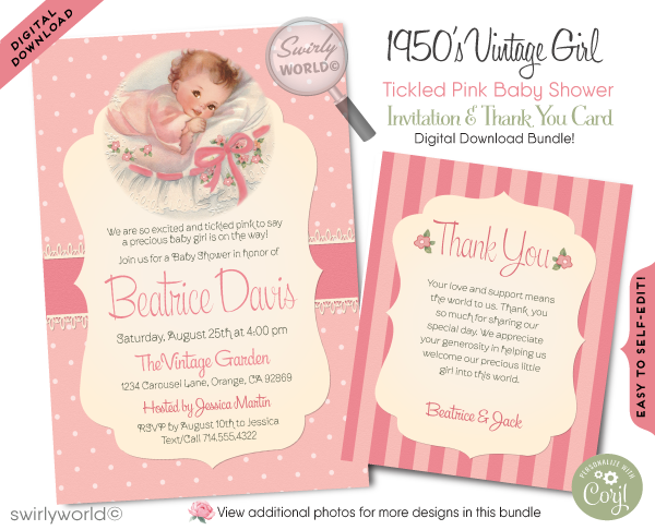 1950s vintage tickled pink retro mid-century modern girl baby shower invitation and thank you card digital download bundle.Welcome your baby girl with Swirly World's 'Tickled Pink' 1950s Retro Baby Shower Invitation Bundle. Features a vintage baby girl design in soft pink with polka dots and chic stripes. Easily editable on Corjl, instantly download your customized invites and thank you cards for a charmingly stylish celebration.