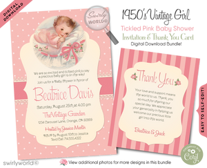 1950s vintage tickled pink retro mid-century modern girl baby shower invitation and thank you card digital download bundle.Welcome your baby girl with Swirly World's 'Tickled Pink' 1950s Retro Baby Shower Invitation Bundle. Features a vintage baby girl design in soft pink with polka dots and chic stripes. Easily editable on Corjl, instantly download your customized invites and thank you cards for a charmingly stylish celebration.