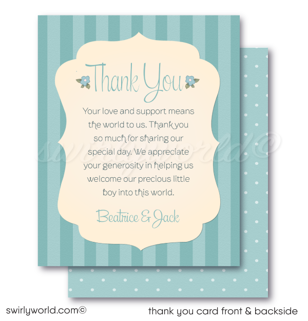 Precious 1940s vintage blue boy baby shower thank you cards with envelopes.