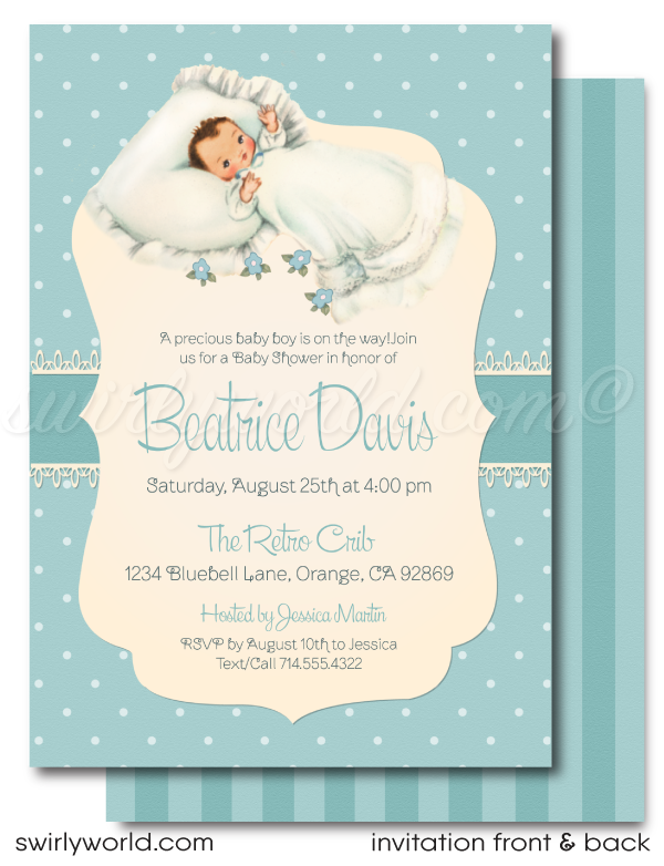 Celebrate your little darling with our "Baby Blue" Retro Mid-Century Modern Baby Shower Invitation & Thank You Card Set! 🌟 Featuring a vintage baby boy illustration, polka dot pattern, and shabby chic stripes. Easily customize with Corjl. Perfect for a nostalgic baby shower. Download and personalize instantly! 