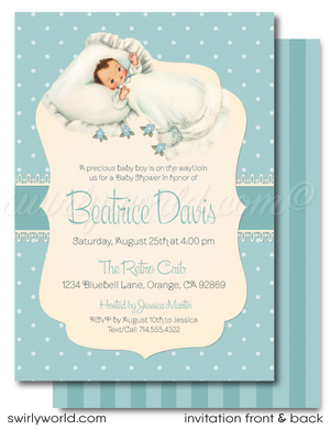 Celebrate your little darling with our "Baby Blue" Retro Mid-Century Modern Baby Shower Invitation & Thank You Card Set! 🌟 Featuring a vintage baby boy illustration, polka dot pattern, and shabby chic stripes. Easily customize with Corjl. Perfect for a nostalgic baby shower. Download and personalize instantly! 