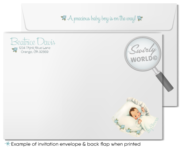 1940s Vintage Baby Blue Retro Boy Printed Baby Shower Invitations and Envelopes