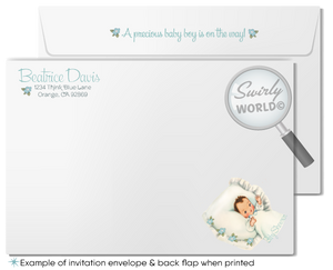 1940s Vintage Baby Blue Retro Boy Printed Baby Shower Invitations and Envelopes