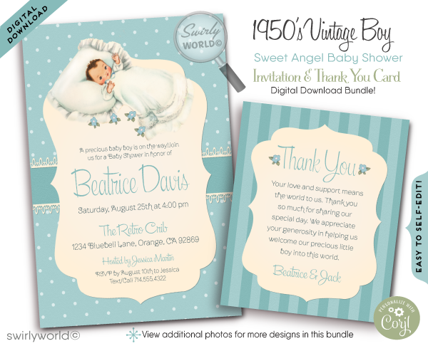1940s Vintage Blue Boy Baby Shower Invitation and Thank You Card Digital Download Bundle