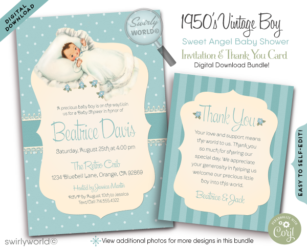 Celebrate your little darling with our "Baby Blue" Retro Mid-Century Modern Baby Shower Invitation & Thank You Card Set! 🌟 Featuring a vintage baby boy illustration, polka dot pattern, and shabby chic stripes. Easily customize with Corjl. Perfect for a nostalgic baby shower. Download and personalize instantly! 