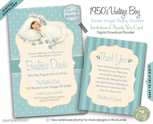 Celebrate your little darling with our "Baby Blue" Retro Mid-Century Modern Baby Shower Invitation & Thank You Card Set! 🌟 Featuring a vintage baby boy illustration, polka dot pattern, and shabby chic stripes. Easily customize with Corjl. Perfect for a nostalgic baby shower. Download and personalize instantly! 
