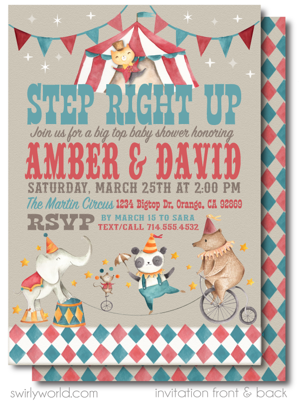 Gender Neutral French Cirque Carnival Circus Printed Baby Shower Invitations