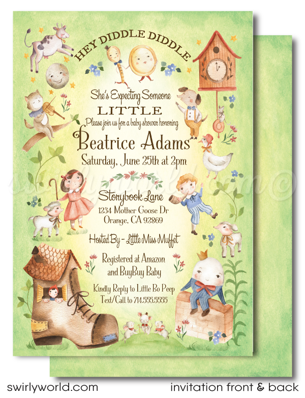 Vintage nursery rhymes Mother Goose, Fairy Tales gender neutral baby shower invitation digital download.