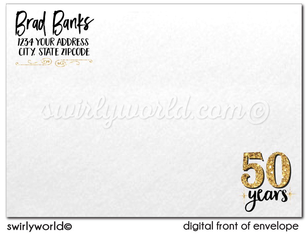 Cheers to 50 Years Black and Gold 50th Wedding Anniversary Party Printed Invitations