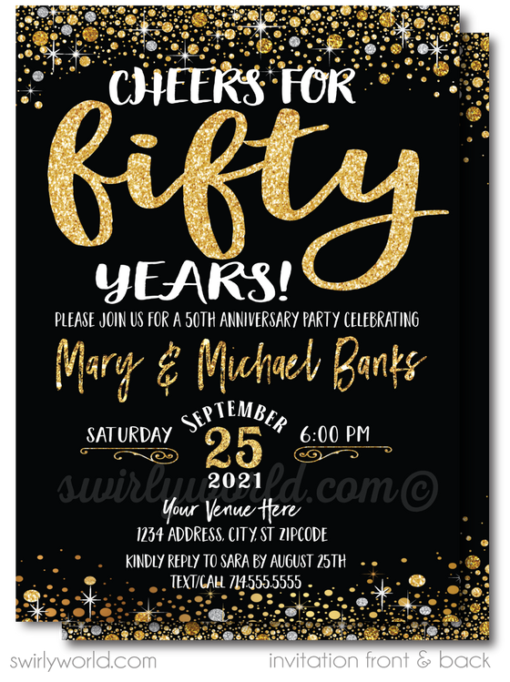 Cheers to 50 Years Black and Gold 50th Wedding Anniversary Party Invitation Digital Download