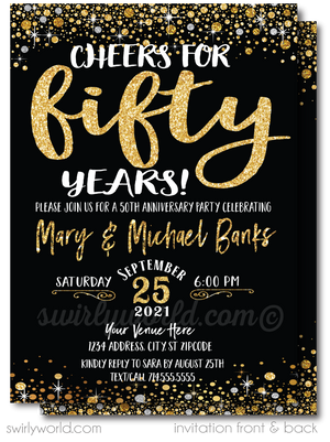 Cheers to 50 Years Black and Gold 50th Wedding Anniversary Party Invitation Digital Download