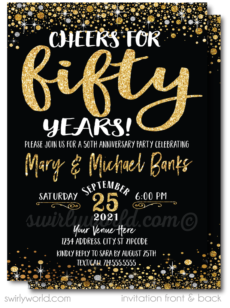 Cheers to 50 Years Black and Gold 50th Wedding Anniversary Party Printed Invitations