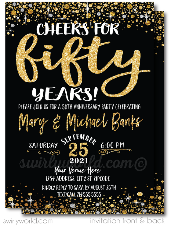 Cheers to 50 Years Black and Gold 50th Wedding Anniversary Party Printed Invitations