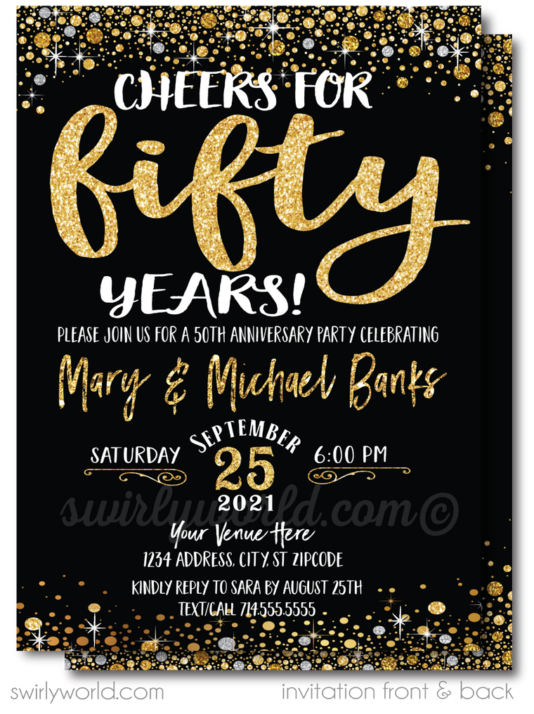 Cheers to 50 Years Black and Gold 50th Wedding Anniversary Party Printed Invitations