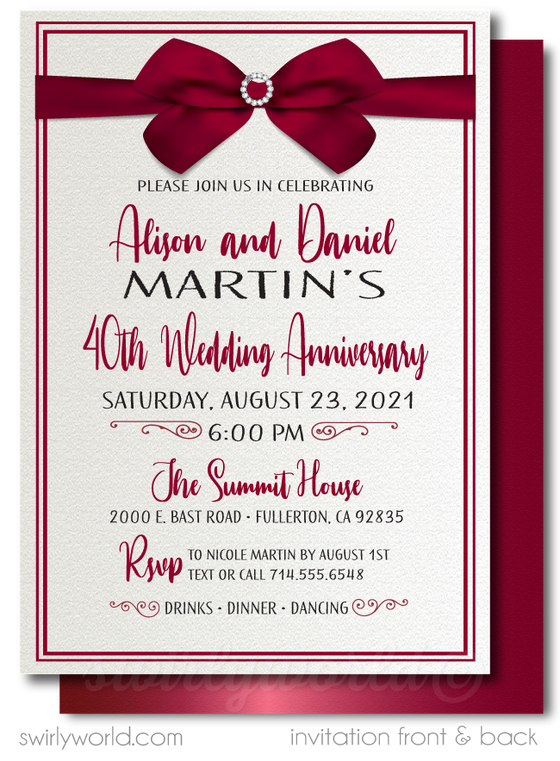 Vintage Ruby Red 40th Printed Wedding Anniversary Party Invitations