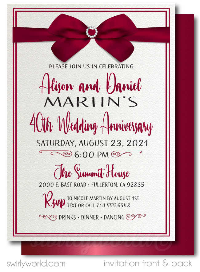 Vintage Ruby Red 40th Wedding Anniversary Party Invitation Digital Download
