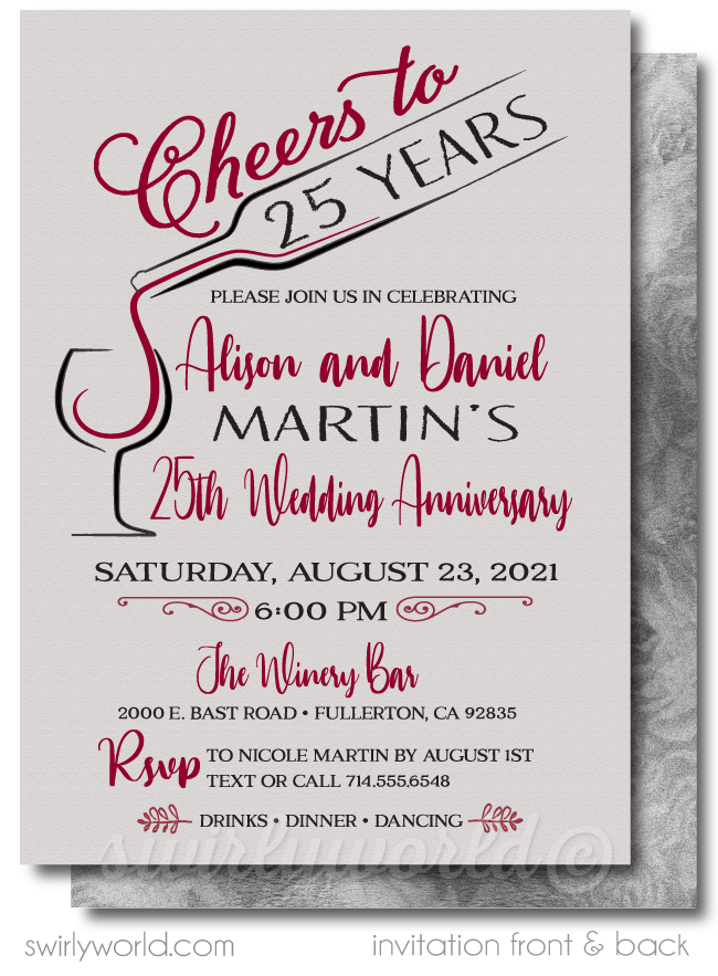 Wine Champagne Cheers to 25 Years Silver Printed Wedding Anniversary Party Invitations