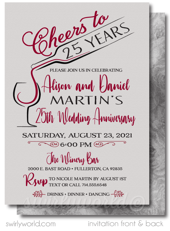 Wine Champagne Cheers to 25 Years Silver Printed Wedding Anniversary Party Invitations