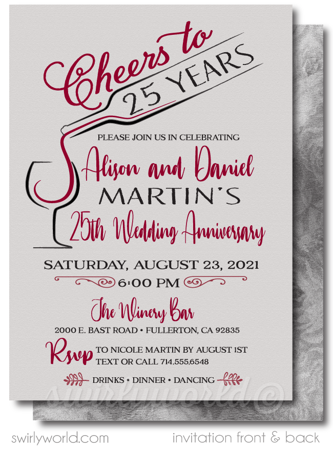 Wine Champagne Cheers to 25 Years Silver Wedding Anniversary Party Invitation Digital Download