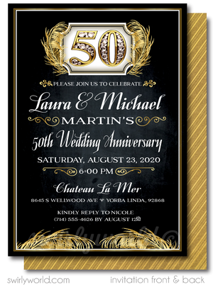 Cheers to 50 Years Black and Gold Printed 50th Wedding Anniversary Party Invitations