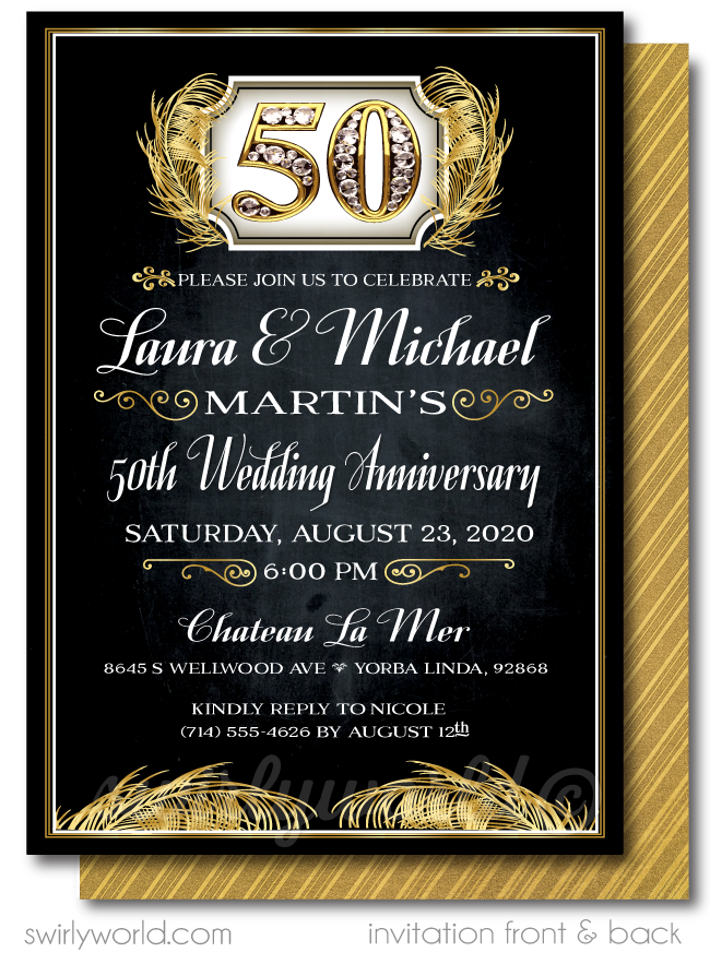 Cheers to 50 Years Black and Gold Printed 50th Wedding Anniversary Party Invitations