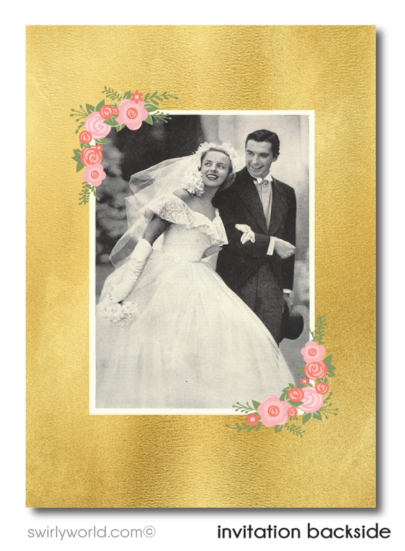 Shabby Chic Vintage Gold 50th Printed Wedding Anniversary Party Invitations